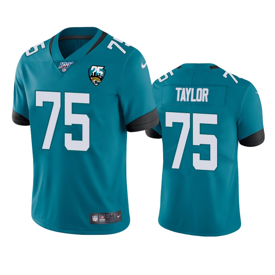 Men Nike Jacksonville Jaguars #75 Jawaan Taylor Teal 25th Anniversary Vapor Limited Stitched NFL 100th Season Jersey->jacksonville jaguars->NFL Jersey